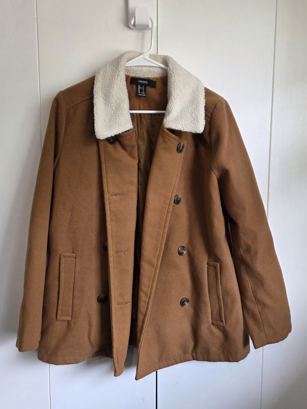 Forever 21 Brown Peacoat with Cream Faux-Sherpa Collar Barn Jacket
